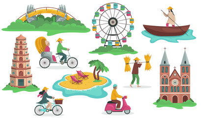 Vietnam country. Set of illustrations of Vietnam landmarks and people. Vector graphic.
