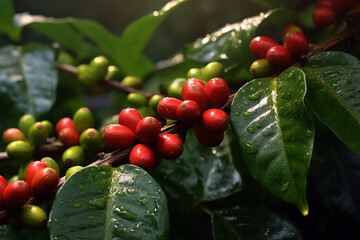Closeup, gayo and coffee beans on leaf in farm, agriculture land and farming estate for service industry, import and cultivation. Ai generated, growth and green caffeine plants for produce harvest