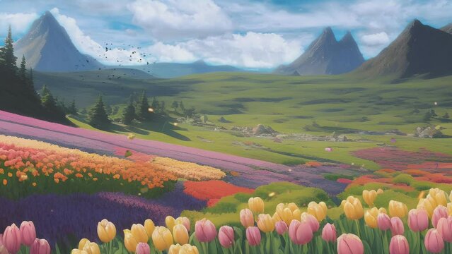 Fantasy view of nature tulips flower field and blue sky in Japanese anime watercolor painting illustration style. seamless looping video animated virtual background.