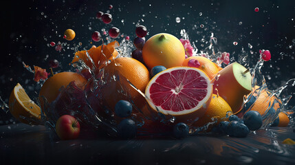 Fototapeta na wymiar delicious fruit splashes in water and flying in a new dimension, juice splash, fruit water splash, cinematic, space, cosmos, dark background. Generative AI