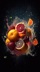 delicious fruit splashes in water and flying in a new dimension, juice splash, fruit water splash, cinematic, space, cosmos, dark background. Generative AI