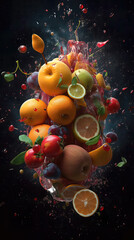 delicious fruit splashes in water and flying in a new dimension, juice splash, fruit water splash, cinematic, space, cosmos, dark background. Generative AI