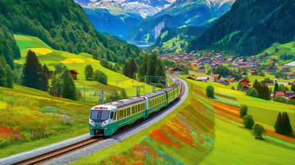 Obraz na płótnie Canvas Beautiful Swiss natural scenery with moving trains