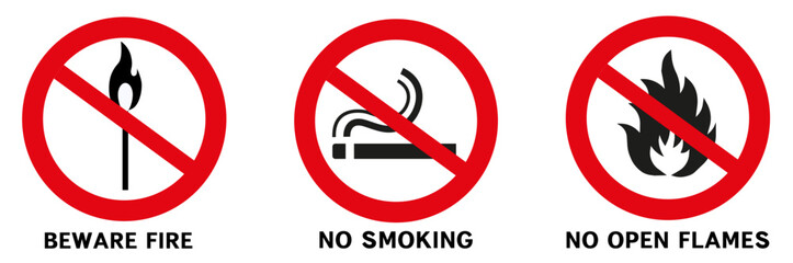 Do not smoke or use open flames. Signs open source of ignition and no smoking signs. - obrazy, fototapety, plakaty