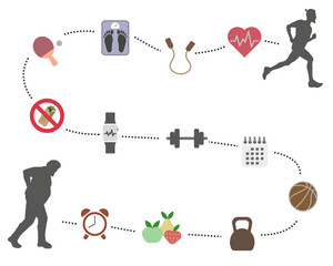 Way to lose weight. Hard mode and proper nutrition brings the desired result. Vector illustration.
