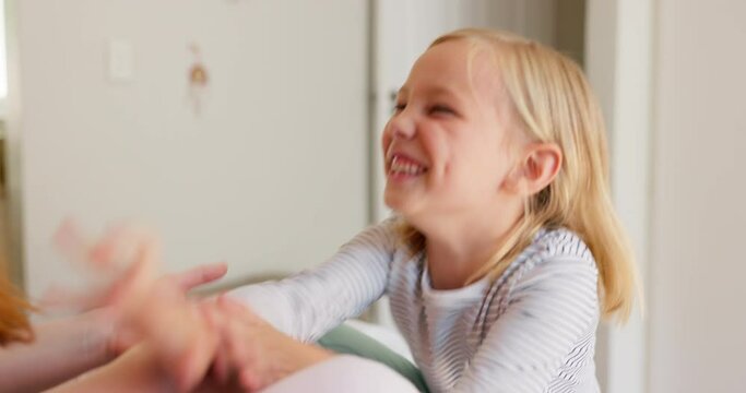 Rock, paper and scissors for mother, daughter and happy with funny game for bonding, love and care in house. Mom, girl child and excited with comic contest, playful and relax together in family home