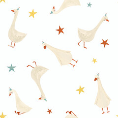 Beautiful baby seamless pattern with watercolor cute white goose birds celebrating birthday party. Stock illustration.