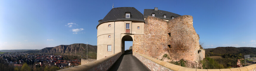 Panoramic view of Ebernburg Castle and Rotenfels mountain in Bad Münster am Stein-Ebernburg in Germany