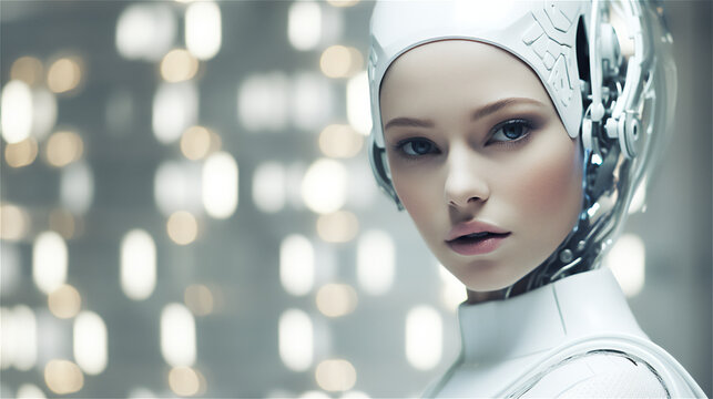 Illustration of Beautiful Porcelain white female Android Robot. Technology Background. Ai generative.