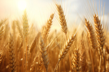 Golden wheat field with bright sunny light background. Generative AI