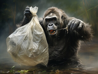 Gorille luttant contre la pollution des déchets plastiques