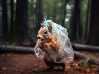 Obraz premium Ecureuil luttant contre la pollution des déchets plastiques
