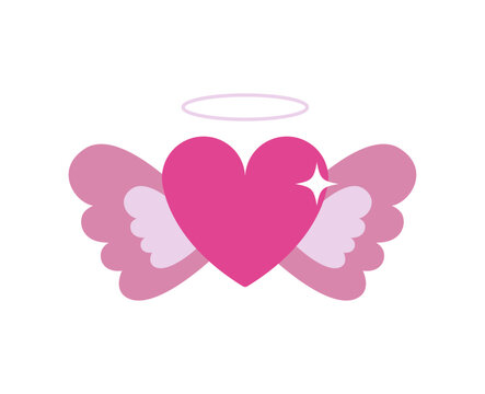 Heart with nimbus and angel wings logo, symbol, sticker in y2k style. Design element, nostalgic 90s, 2000s icon. Vector