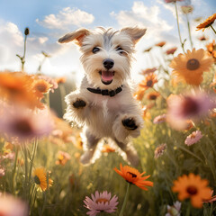 cute little dog jumping over a field of flowers