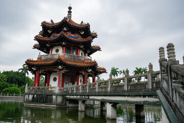 Old traditional temple and pond in Taipei, Taiwan