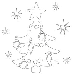 Christmas tree with ornaments and garlands. Black and white. Cartoon vector illustration for coloring book.