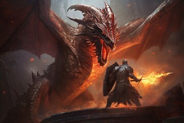 illustration AI de fantaisie, guerrier avec épée et bouclier combat un dragon rouge, décor fantastique - obrazy, fototapety, plakaty