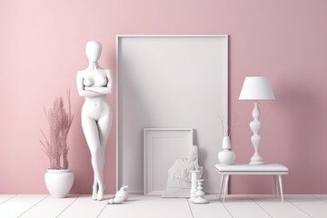 Flat, completely monotone pink interior with 2 head figurines on parquet flooring. Poster frame mockup. Generative AI