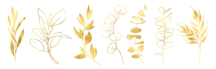 Hand drawn linear gold Christmas plants. Botanical line art silhouette golden leaves, Golden Linear floral Leaves Set.  illustration in linear style, graphic clipart for wedding invitation - obrazy, fototapety, plakaty