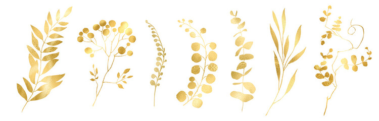 Hand drawn linear gold Christmas plants. Botanical line art silhouette golden leaves, Golden Linear floral Leaves Set.  illustration in linear style, graphic clipart for wedding invitation