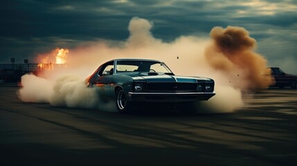 Plakat Drifting car. Car in smoke. Supercar in motion. Sports car drifting in smoke. Supercar in fog front view. 