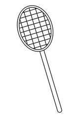Racket. Sketch. Vector illustration. Sports equipment for playing badminton, consisting of a handle and a head with stretched strings for beating a shuttlecock. Isolated background. Coloring book 