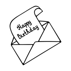Open envelope with a letter. Sketch. Happy birthday text on a twisted sheet. Invitation letter for an event. Lettering. Vector illustration. Doodle style. Outline on isolated background. Coloring book