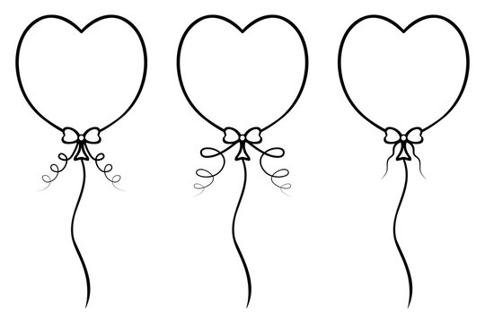 Three balloons in the shape of a heart. Sketch. Set of vector illustrations. The foil balls are tied with a bow with spiral curls of thread. Doodle style. Coloring book for children. 