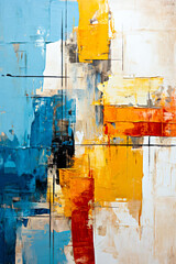 abstract background painting on canvas with blue, orange and yellow colors. Generative AI. illustration for painting print
