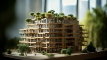 Architecture, planning and environment with model of building for construction, sustainability and futuristic. Ai generated, idea and eco friendly with design for carbon footprint, ecology and plant