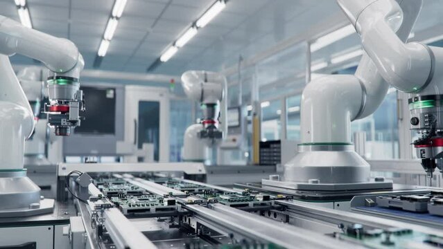 Timelapse of Advanced High Precision Robot Arms at Bright Electronics Factory. Fully Automated Modern PCB Assembly Line. Component Installation on Circuit Board. Electronic Devices Production Industry