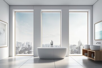 Four empty white posters, a concrete floor, a large window with a view of a city building, and a bright bathroom interior with a bathtub. concept of spa treatments and hygiene for health. a mockup