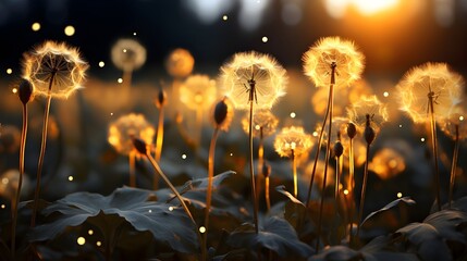 Obraz premium Field full of dandelions, creating a visually enchanting backdrop with soft, out-of-focus orbs of light. (Generative AI)