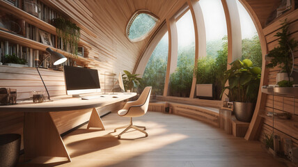 Fototapeta premium Architecture, sustainability and green with home office for environment, nature and futuristic. Ai generated, innovation and eco friendly with empty room for carbon footprint, ecology and plant