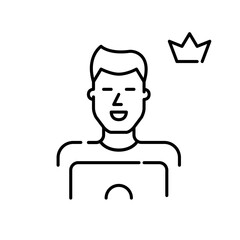 Premium user at laptop. Smiling young man with crown symbol. Pixel perfect, editable stroke icon