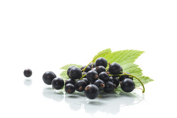 ripe blackcurrant berries with leaves on white background.