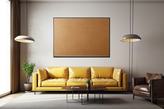 In the inside of a living room with a brown leather couch, carpet, floor lamp, and coffee table on hardwood flooring, there is a blank horizontal poster on a yellow concrete wall. Generative AI
