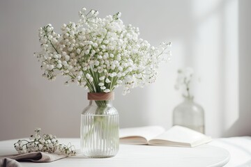 Gypsophila bouquet in a vase of white, pastel flowers on a table in front of a white wall Scandinavian minimalistic background mockup with copy space. Generative AI