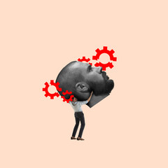 Fixing head. Businessman, employee holding head and setting gears. Need in rest and relaxation. Contemporary art collage. Concept of business, emotions, psychology, professional occupation, ad
