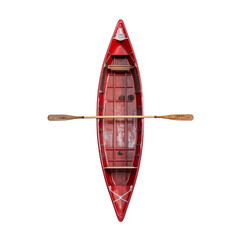 Top view of a red pirogue with a wooden oar on a transparent cutout PNG background. Generative AI - obrazy, fototapety, plakaty