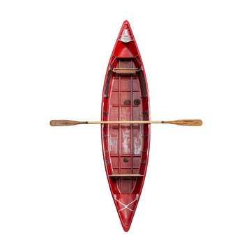 Top view of a red pirogue with a wooden oar on a transparent cutout PNG background. Generative AI