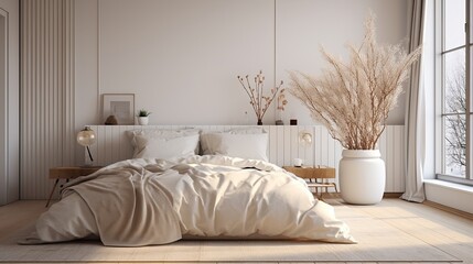 bed in room. Scandinavian interior. Rustic bedroom