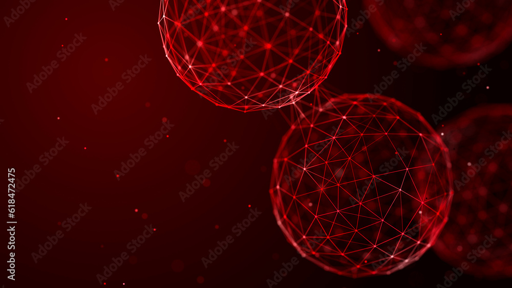 Poster Abstract spheres with connected dots and lines. Illustration with elements of viruses, bacteria on a dark background. 3d