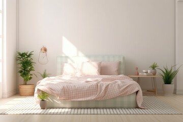 Illustration of a bedroom interior wall mockup with an unmade bed, pink plaid, green plants, and lights against a background of a blank white wall. Generative AI