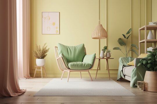 In a light green living room, a light yellow chair. minimalist design idea style of pastel colors. Generative AI