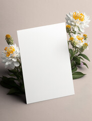 Vertical white blank of paper mockup with blossom flowers. Bloom garden floral for template of flat wedding invitation or greeting card. Generative AI
