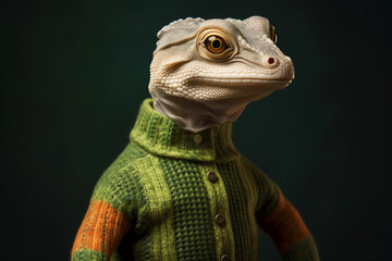 Fototapeta premium Generative ai template collage of weird person with snake face anthropomorphic creature wear season warm sweater on black background