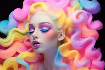 Generated ai picture template collage of girlish lady anime character doll with vivid hairstyle bright make up long lashes