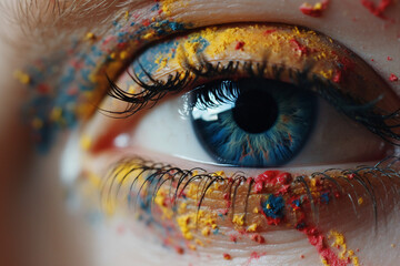 Futurism generated ai collage closeup macro picture of person eye with colorful multicolor powder decorative cosmetics concept