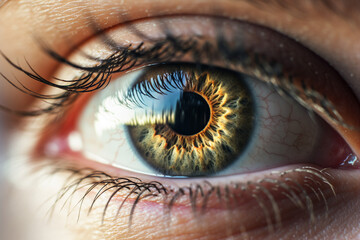 Close up macro shot collage of human eye with brown iris eyelashes generated by ai tech cyber app